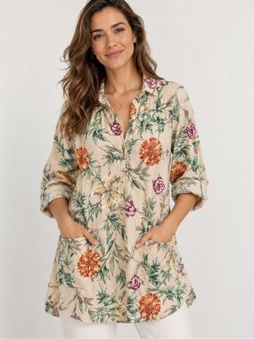 For Cynthia Floral Linen Blend Tunic Top 1X Boho Pockets Roll Tab Sleeves